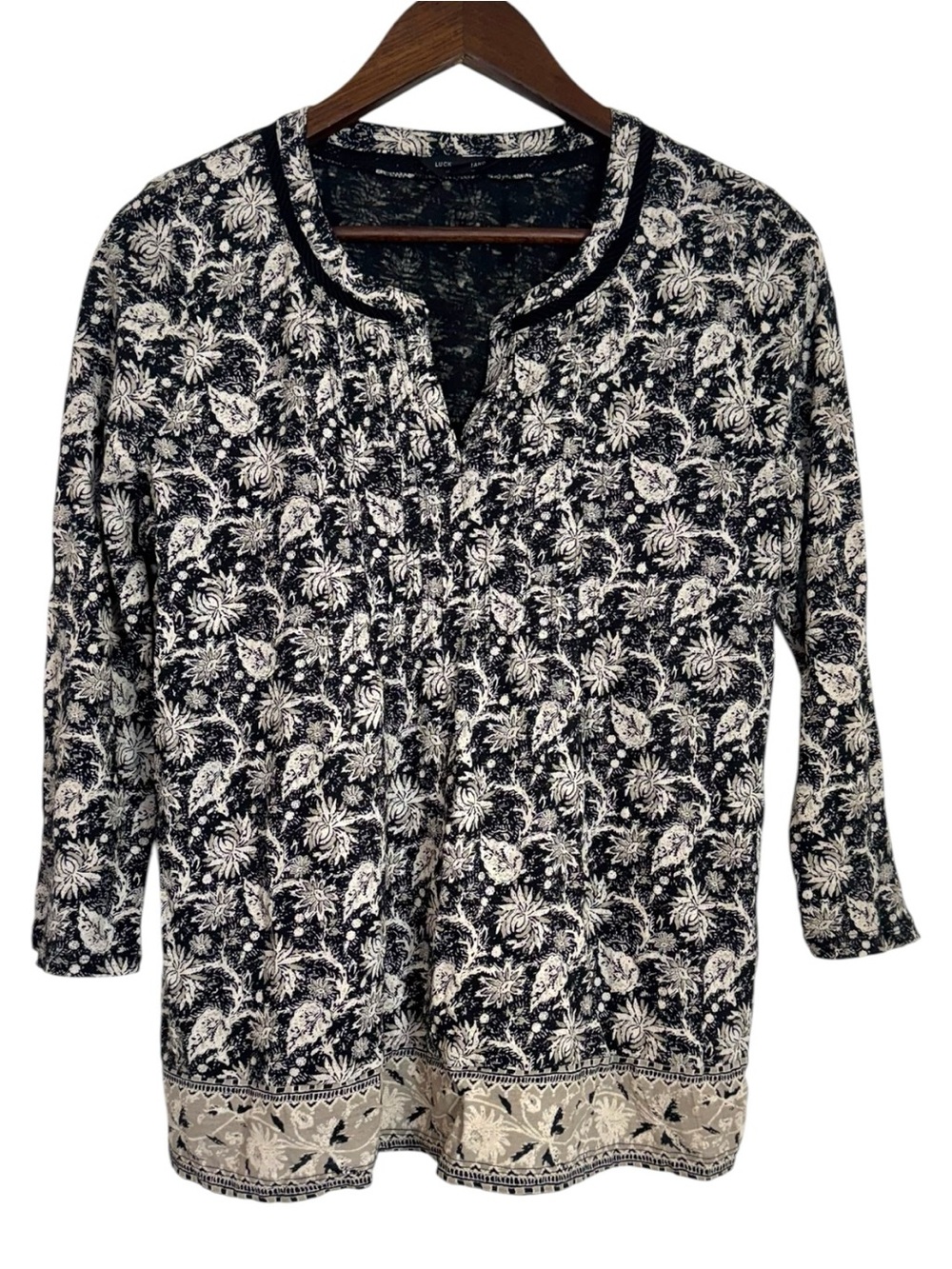 Lucky Brand Black and Tan Floral Peasant Top Cotton Modal blend Medium